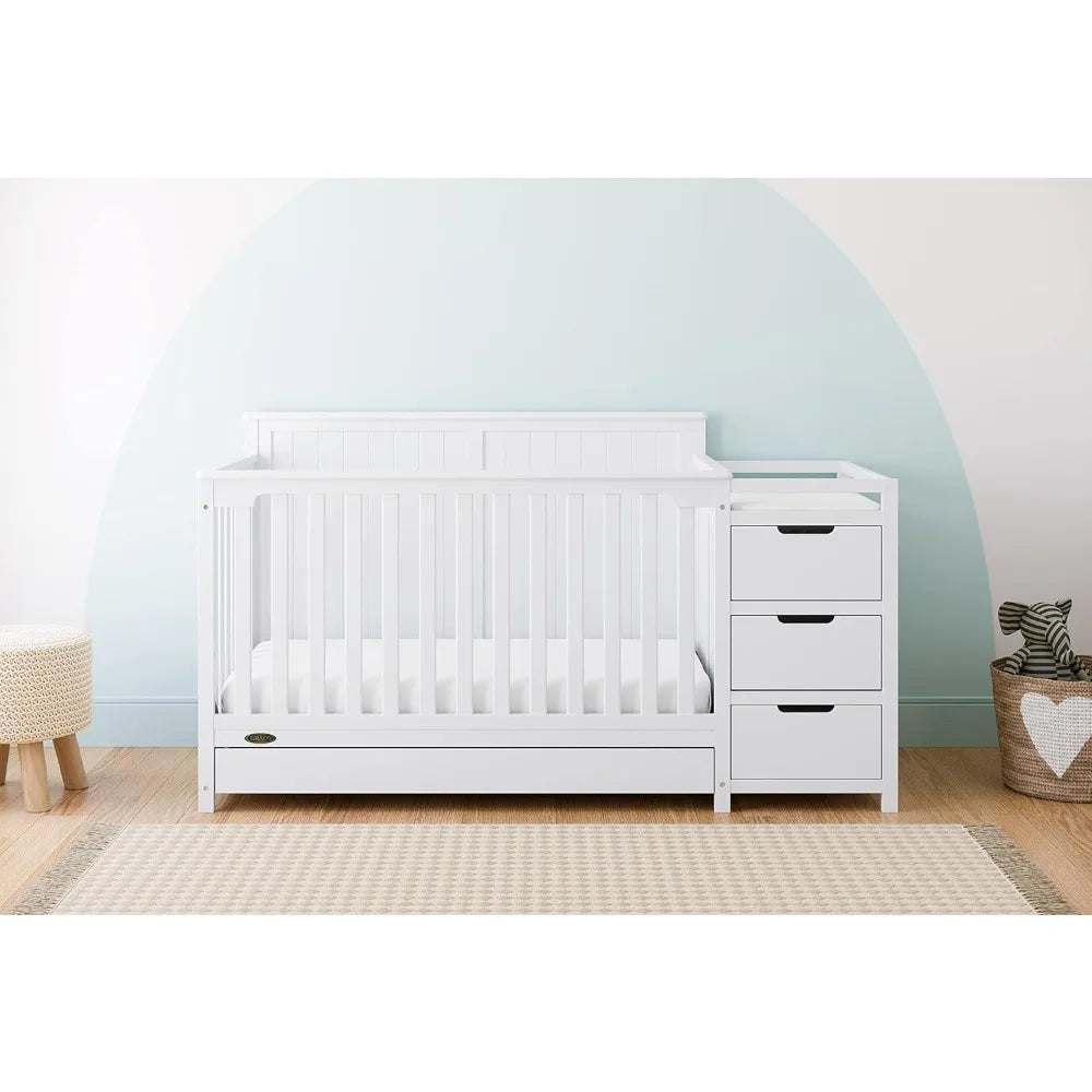 All-in-White Convertible Crib & Changer, Converts to Toddler & Full Bed, 4 Height Adjustable