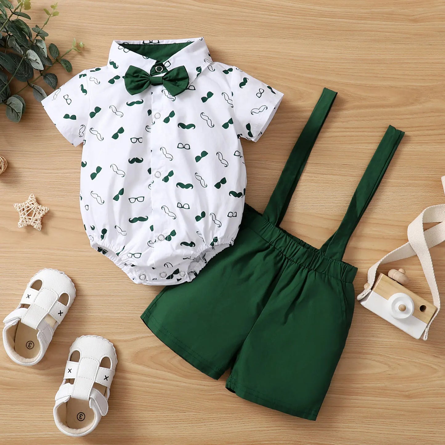 Baby Boys Clothes Set, Beard Print Short Sleeve Lapel Neck Shirt+Solid Color Suspender Shorts