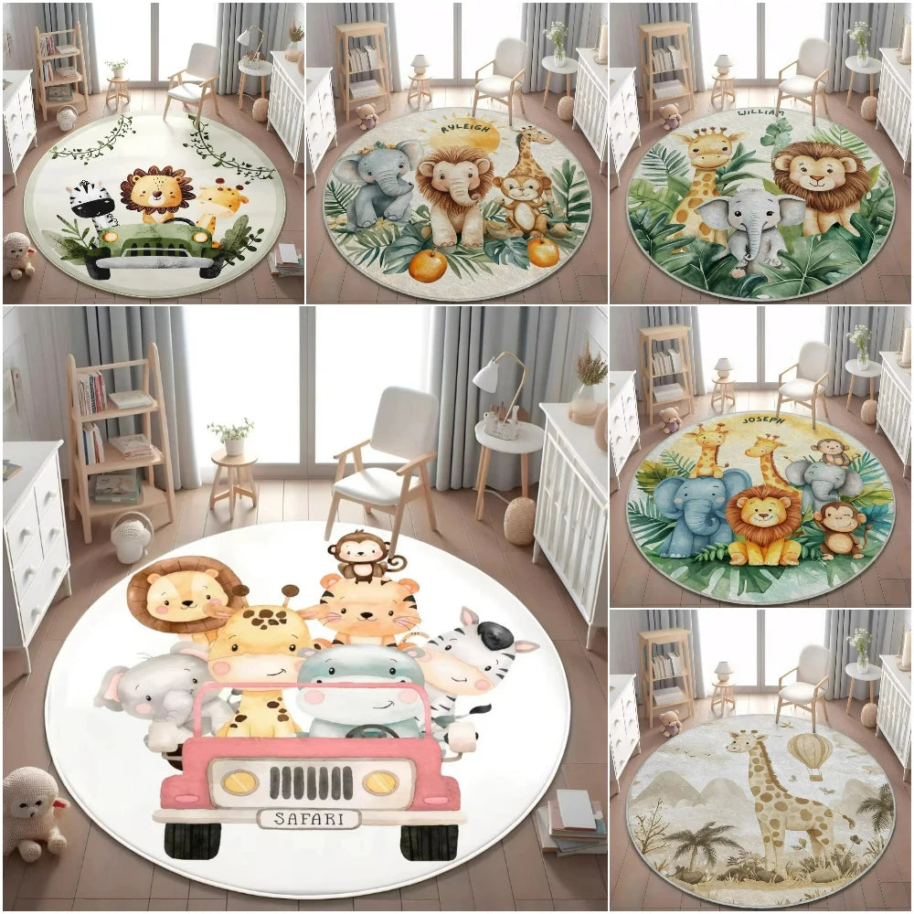 Jungle Safari Animal Round Rug Kids Play Mat for Nursery Bedroom Playroom Lion Giraffe Themed Non Slip Floor Carpet Decor