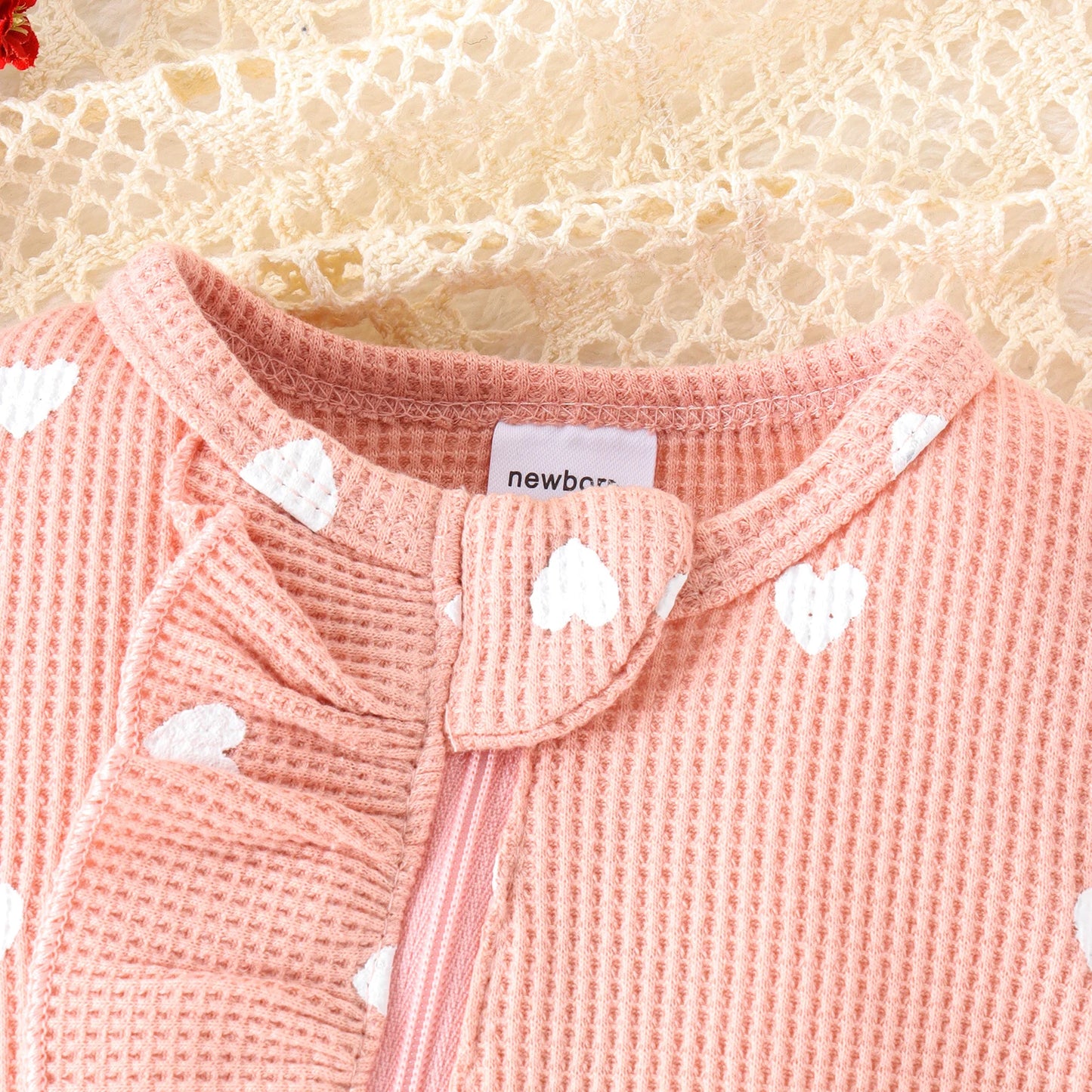 2PCS Autumn From 0 To June Newborn Baby Comfortable Cute Round-Neck Waffle Check Heart Zipper Long-Sleeved Footsuit