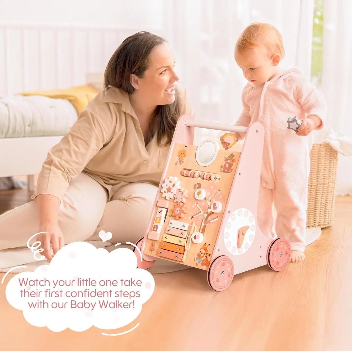 Robotime Robud Wooden Baby Walker with Wheels Montessori Push Toys for Babies Learning to Walk Baby Walkers Activity Center