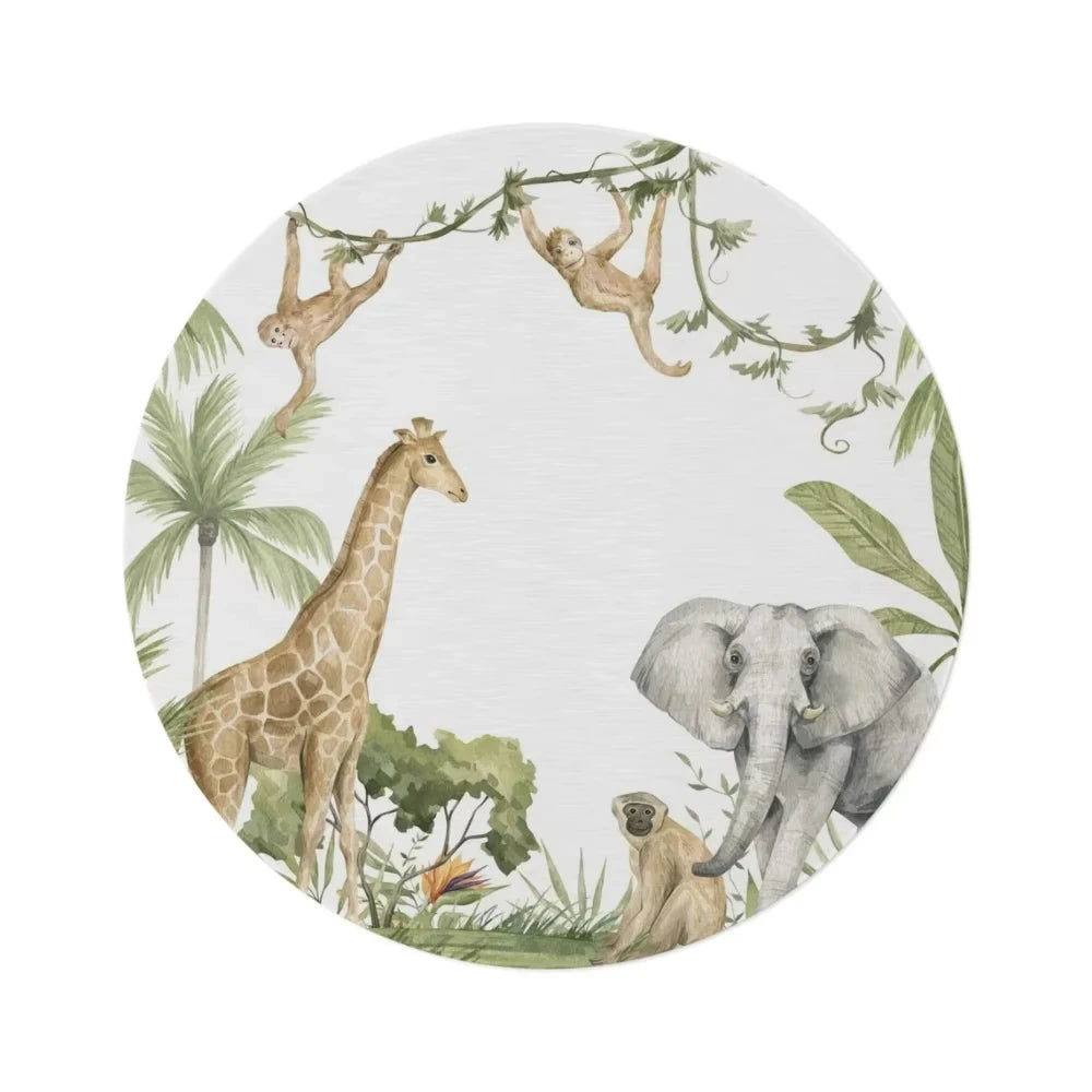 Jungle Safari Animal Round Rug Kids Play Mat for Nursery Bedroom Playroom Lion Giraffe Themed Non Slip Floor Carpet Decor