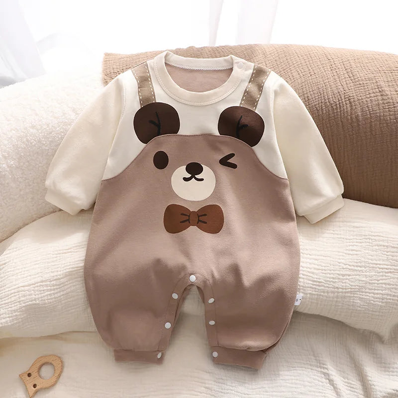 Autumn Newborn Boys Rompers Striped Bear Cartoon Print Infant Baby Boys Jumpsuits Long Sleeved Round Neck Baby Boys Bodysuits