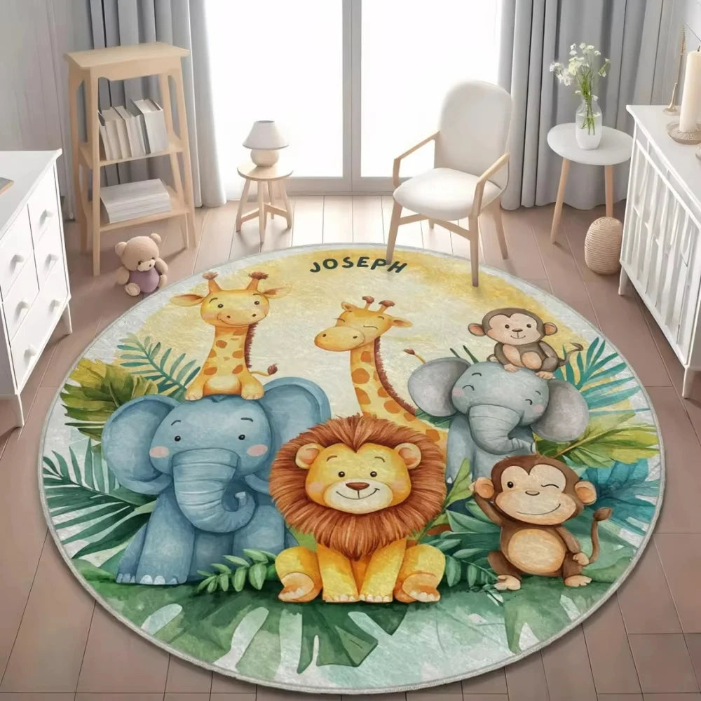 Jungle Safari Animal Round Rug Kids Play Mat for Nursery Bedroom Playroom Lion Giraffe Themed Non Slip Floor Carpet Decor