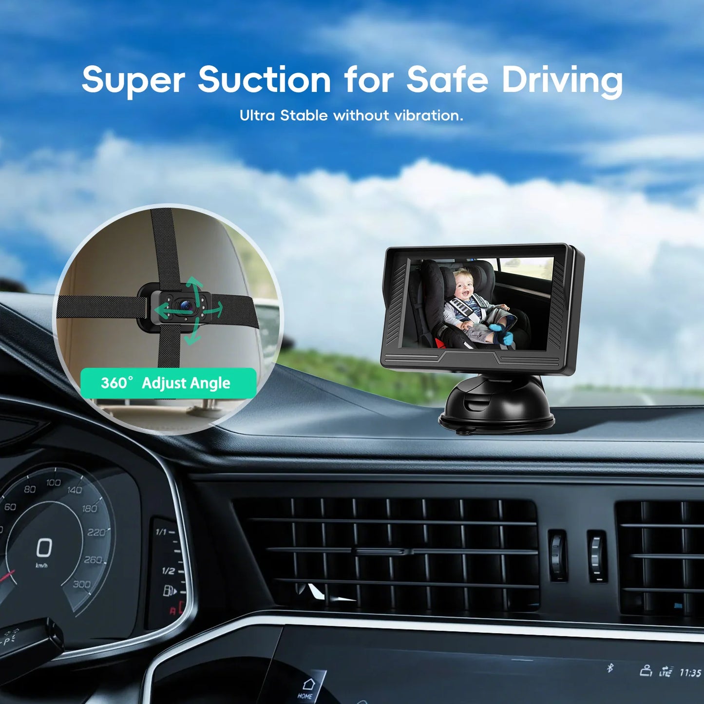 Podofo Car Rear Baby Monitor 4.3'' Car Monitor with Camera Night Vision Wide-Angle Real-time Baby Monitoring Stable Mounting