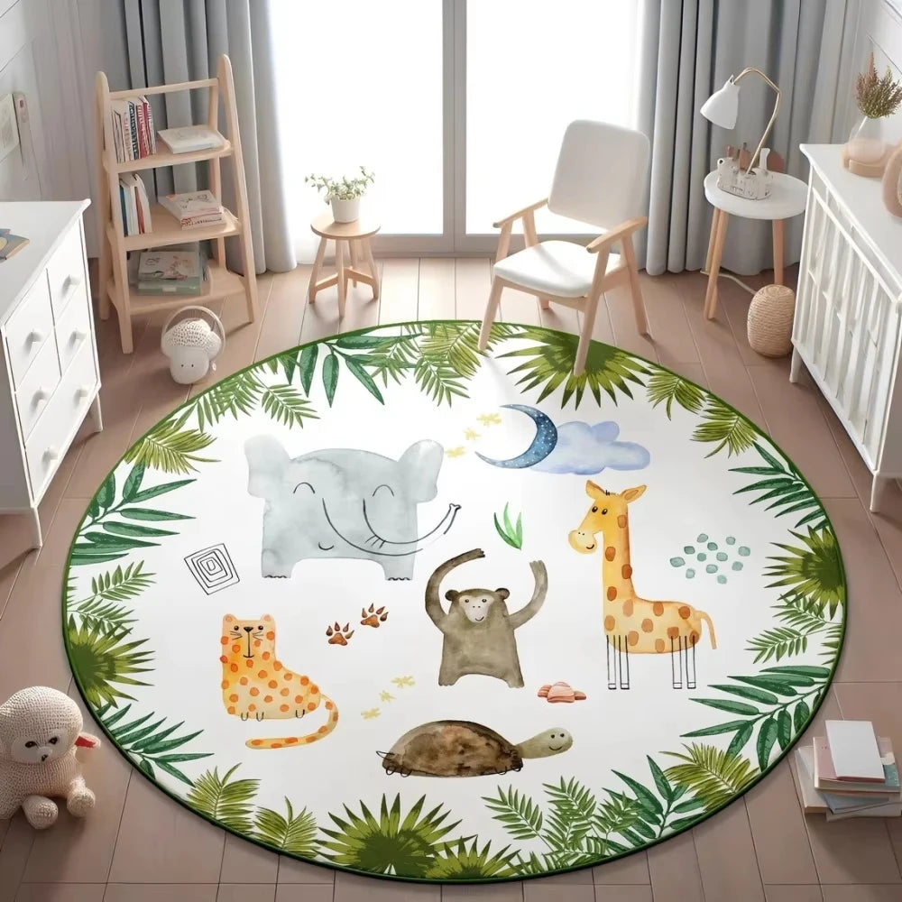 Jungle Safari Animal Round Rug Kids Play Mat for Nursery Bedroom Playroom Lion Giraffe Themed Non Slip Floor Carpet Decor