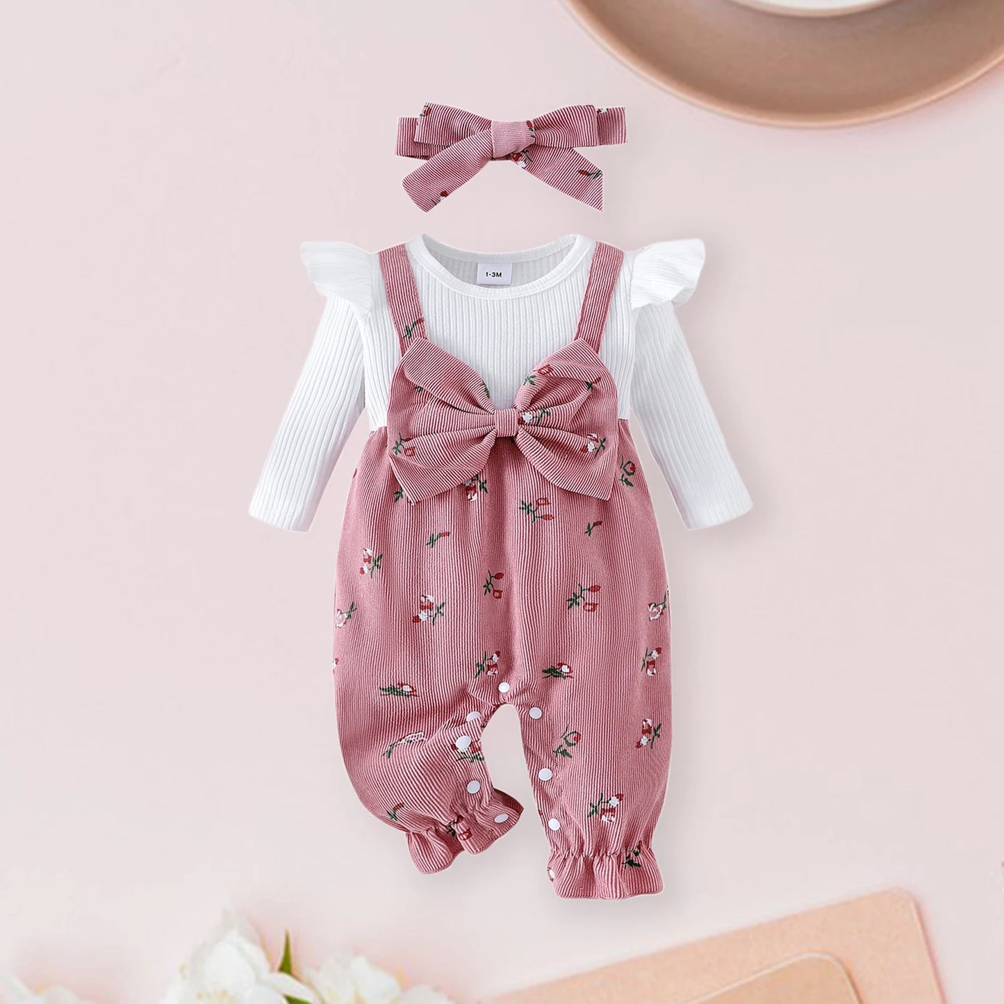Citgeett Autumn Infant Baby Girls Long Sleeve Romper Floral Print Patchwork Bow Jumpsuits Cute Headband Clothes Set