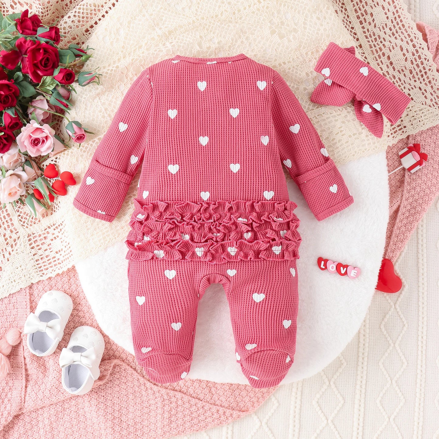 2PCS Autumn From 0 To June Newborn Baby Comfortable Cute Round-Neck Waffle Check Heart Zipper Long-Sleeved Footsuit