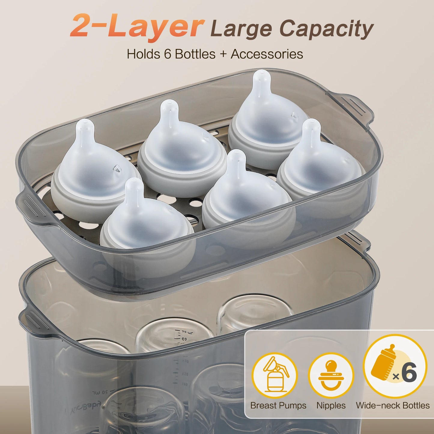 4-in-1 72H Storage, 30-Min Dry, 6 Bottles + Accessories,99.99% Germ-Free‌ Baby Bottle Sterilizer & Dryer