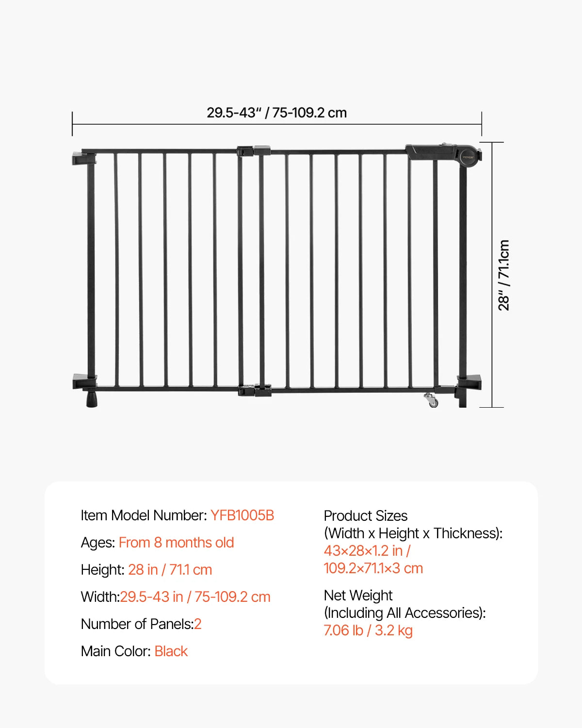 VEVOR Baby Gate 29.5-43 Inches Adjustable Width 28 Inches High Dog Gate No Threshold Bar Easy Step Walk for Child Pet Security
