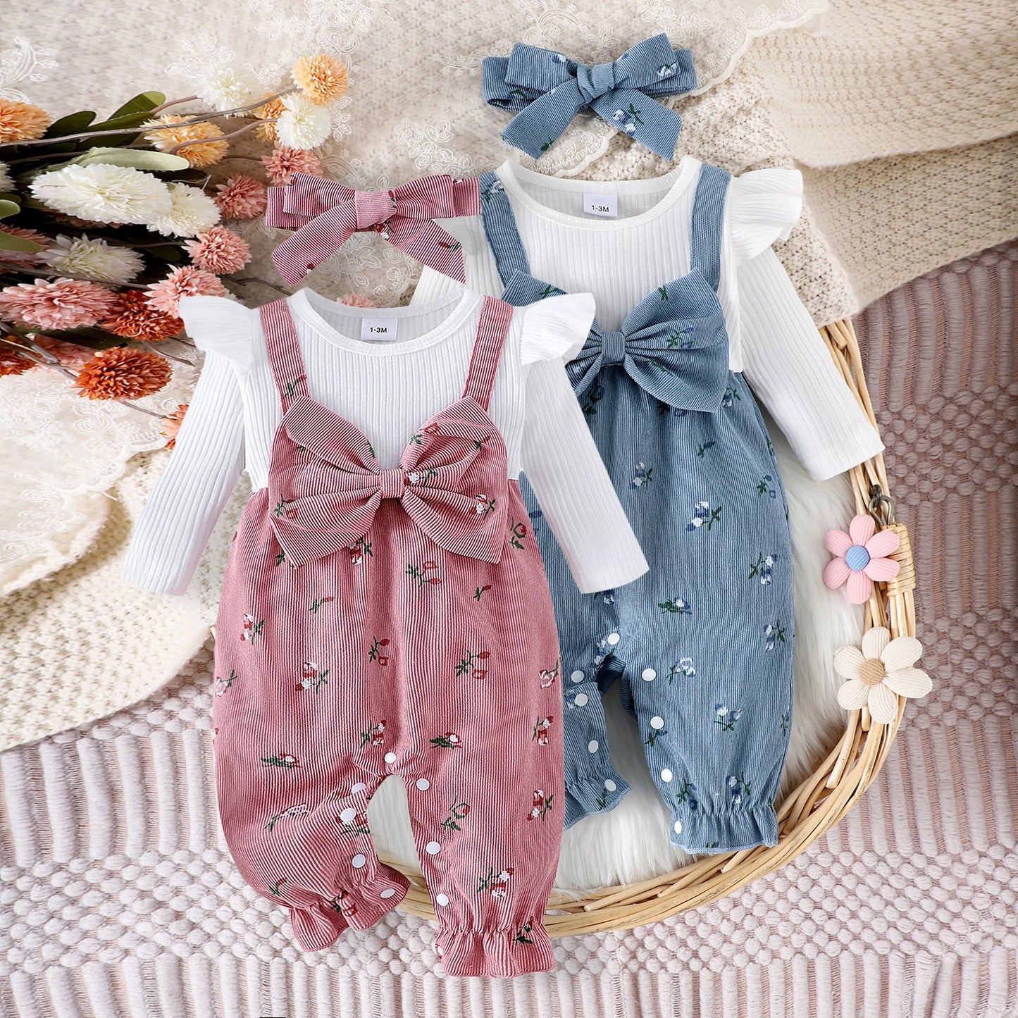 Citgeett Autumn Infant Baby Girls Long Sleeve Romper Floral Print Patchwork Bow Jumpsuits Cute Headband Clothes Set