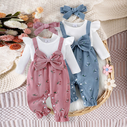 Citgeett Autumn Infant Baby Girls Long Sleeve Romper Floral Print Patchwork Bow Jumpsuits Cute Headband Clothes Set