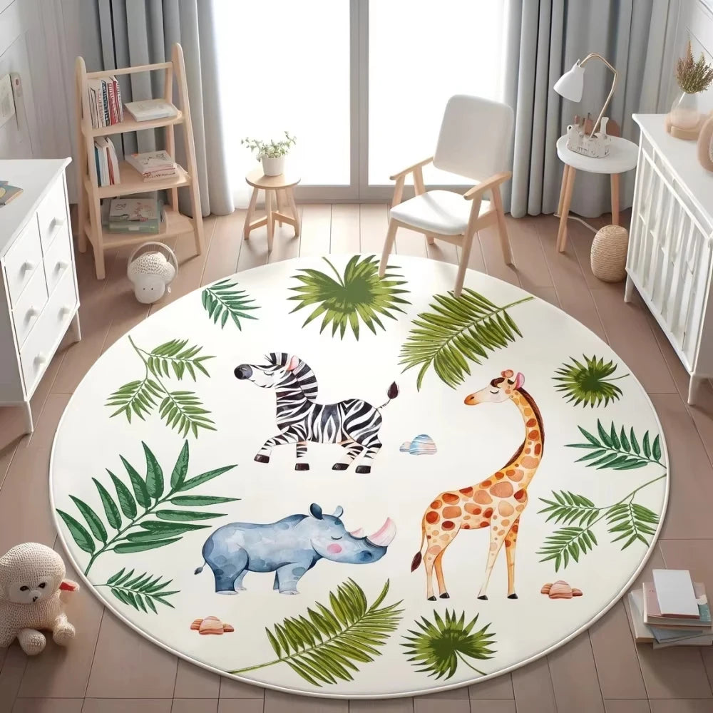 Jungle Safari Animal Round Rug Kids Play Mat for Nursery Bedroom Playroom Lion Giraffe Themed Non Slip Floor Carpet Decor