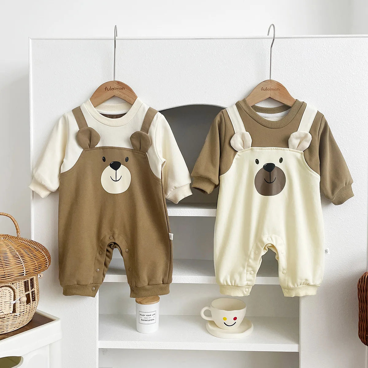 Autumn Baby Bodysuit Little Bear Pattern Dual Color Long Sleeve Warm Jumpsuit Baby Clothes Baby Boys Girls Romper 0-2 Years Old