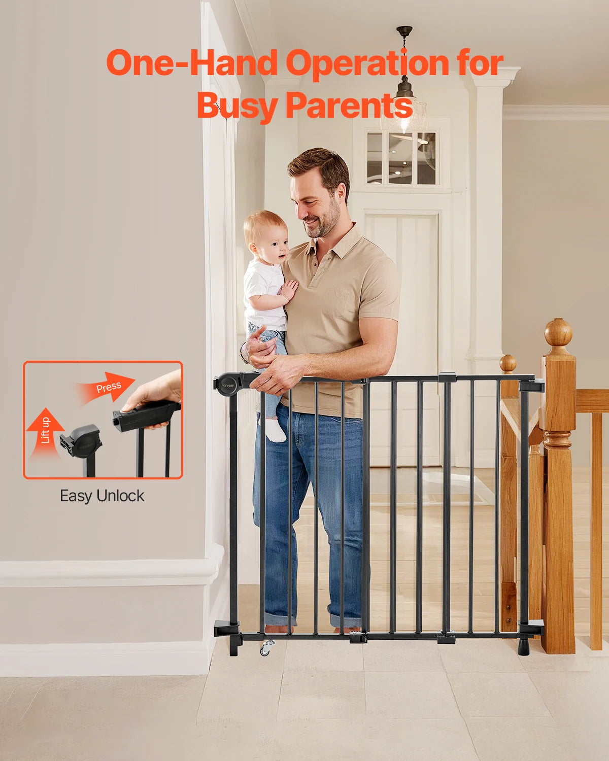 VEVOR Baby Gate 29.5-43 Inches Adjustable Width 28 Inches High Dog Gate No Threshold Bar Easy Step Walk for Child Pet Security