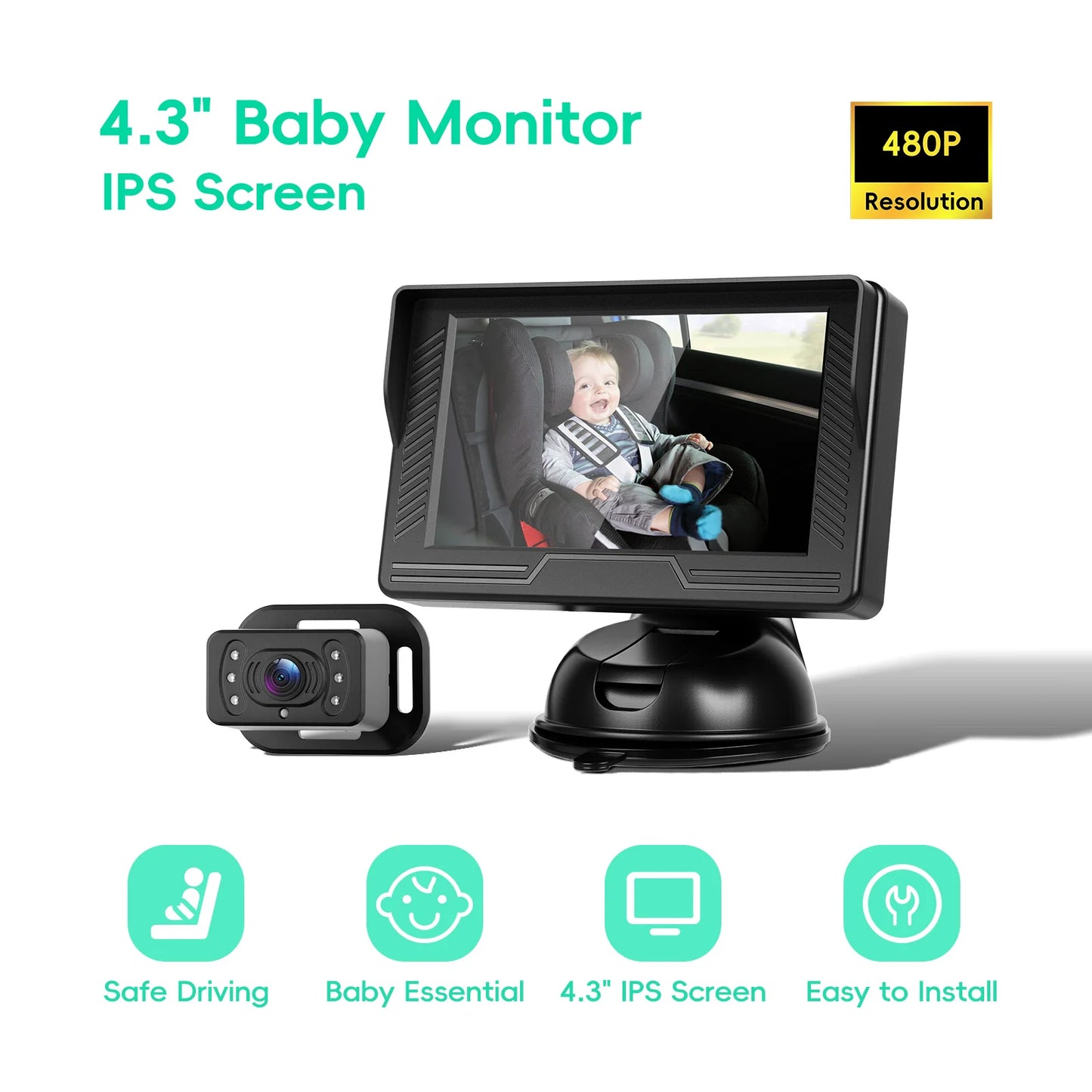 Podofo Car Rear Baby Monitor 4.3'' Car Monitor with Camera Night Vision Wide-Angle Real-time Baby Monitoring Stable Mounting