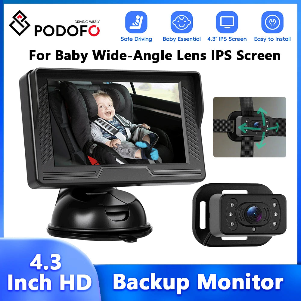 Podofo Car Rear Baby Monitor 4.3'' Car Monitor with Camera Night Vision Wide-Angle Real-time Baby Monitoring Stable Mounting