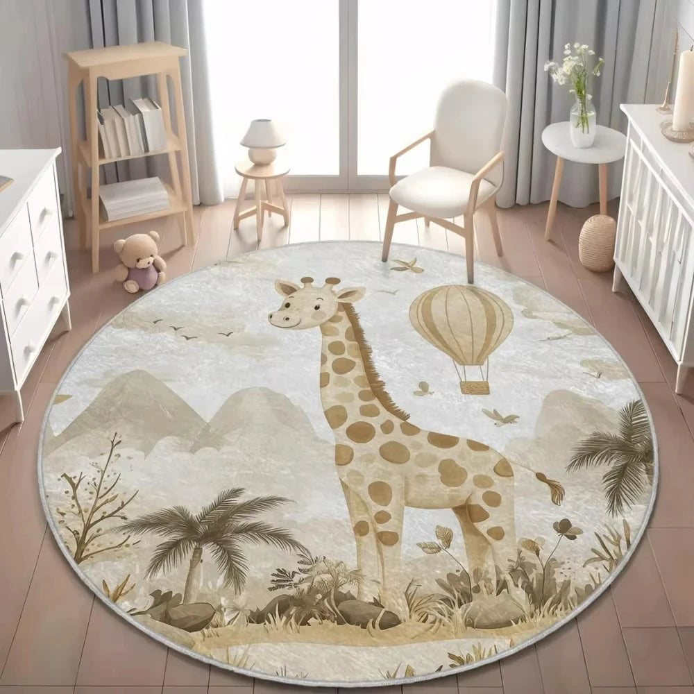 Jungle Safari Animal Round Rug Kids Play Mat for Nursery Bedroom Playroom Lion Giraffe Themed Non Slip Floor Carpet Decor