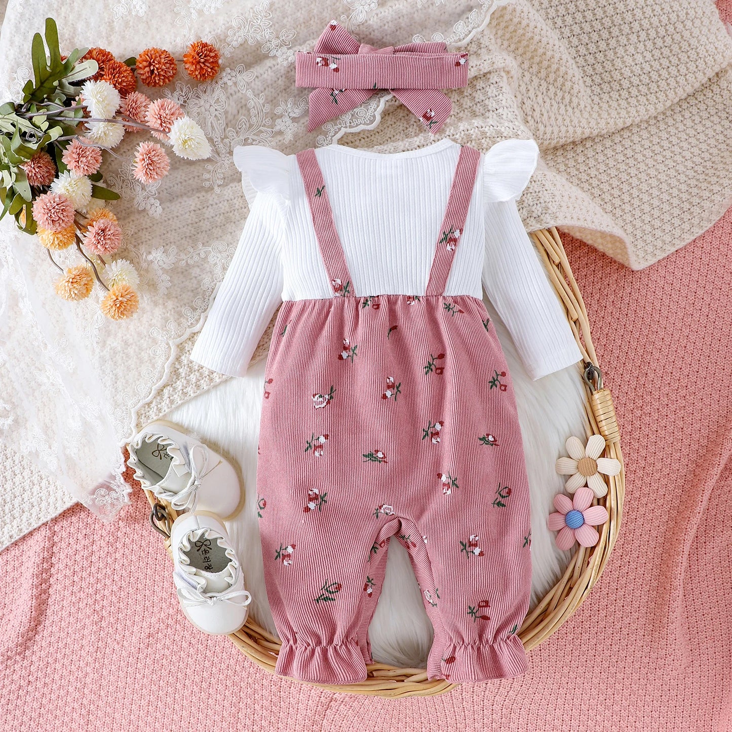 Citgeett Autumn Infant Baby Girls Long Sleeve Romper Floral Print Patchwork Bow Jumpsuits Cute Headband Clothes Set