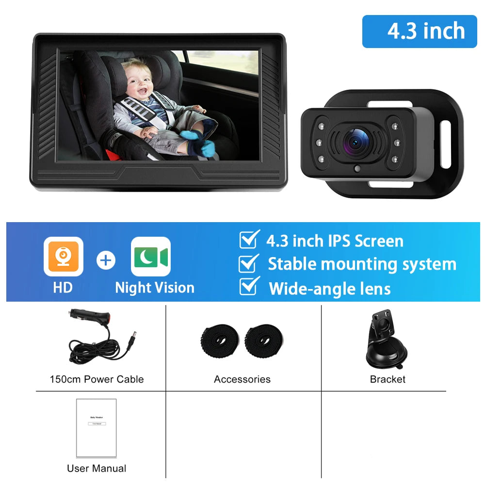 Podofo Car Rear Baby Monitor 4.3'' Car Monitor with Camera Night Vision Wide-Angle Real-time Baby Monitoring Stable Mounting