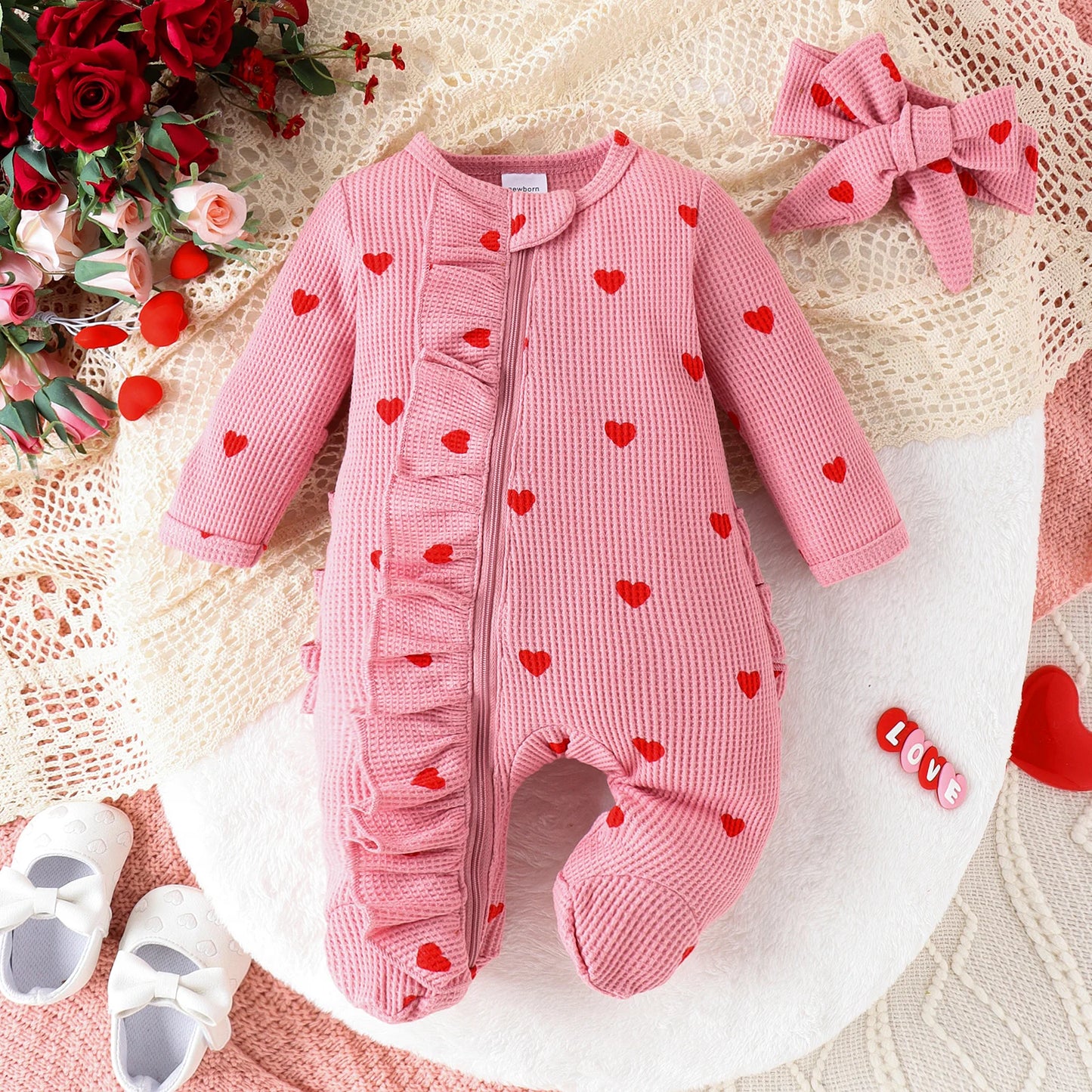 2PCS Autumn From 0 To June Newborn Baby Comfortable Cute Round-Neck Waffle Check Heart Zipper Long-Sleeved Footsuit