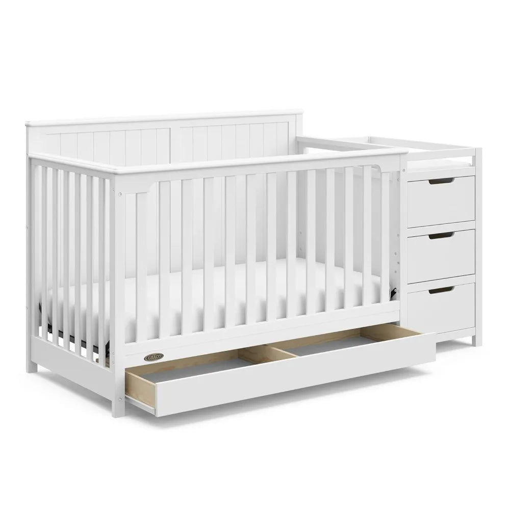 All-in-White Convertible Crib & Changer, Converts to Toddler & Full Bed, 4 Height Adjustable