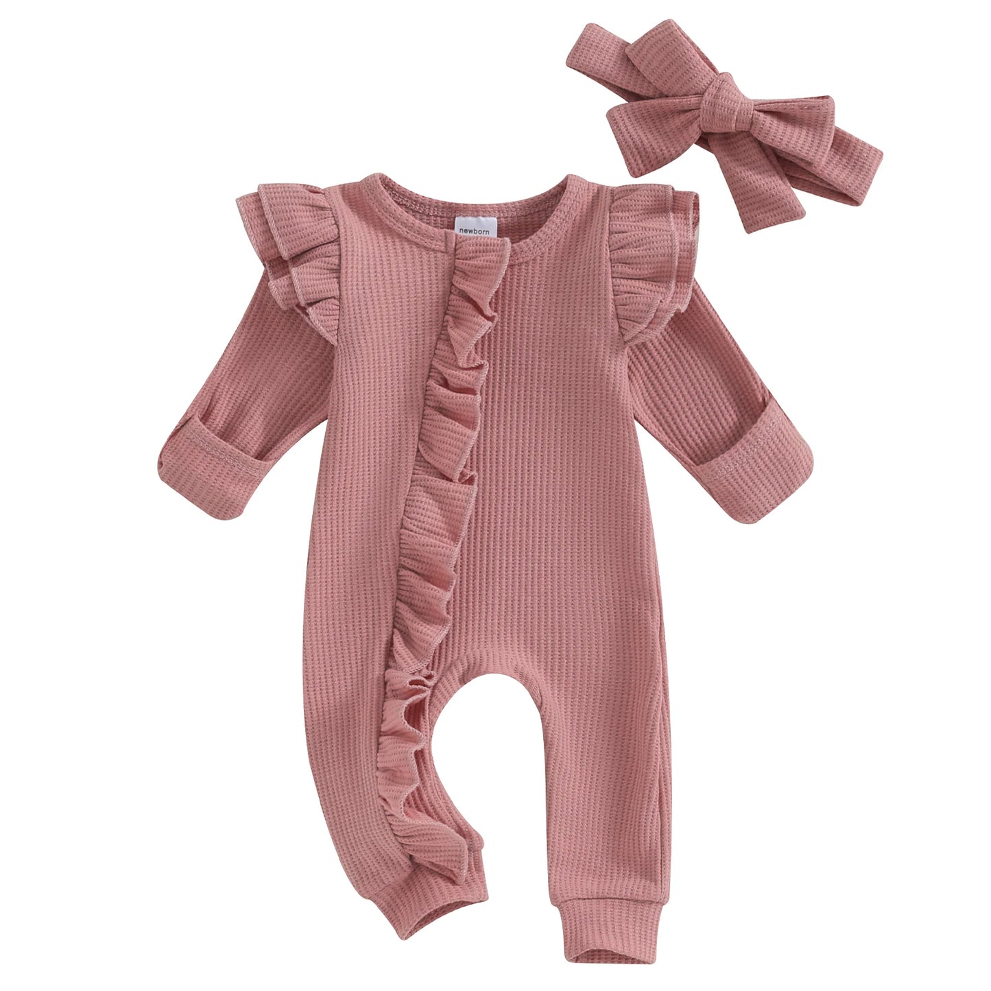 Pudcoco Infant Baby Girl Autumn Jumpsuit Solid Color Round Neck Flying Sleeve Ruffled Zipper Romper with Bow Headband 0-12M