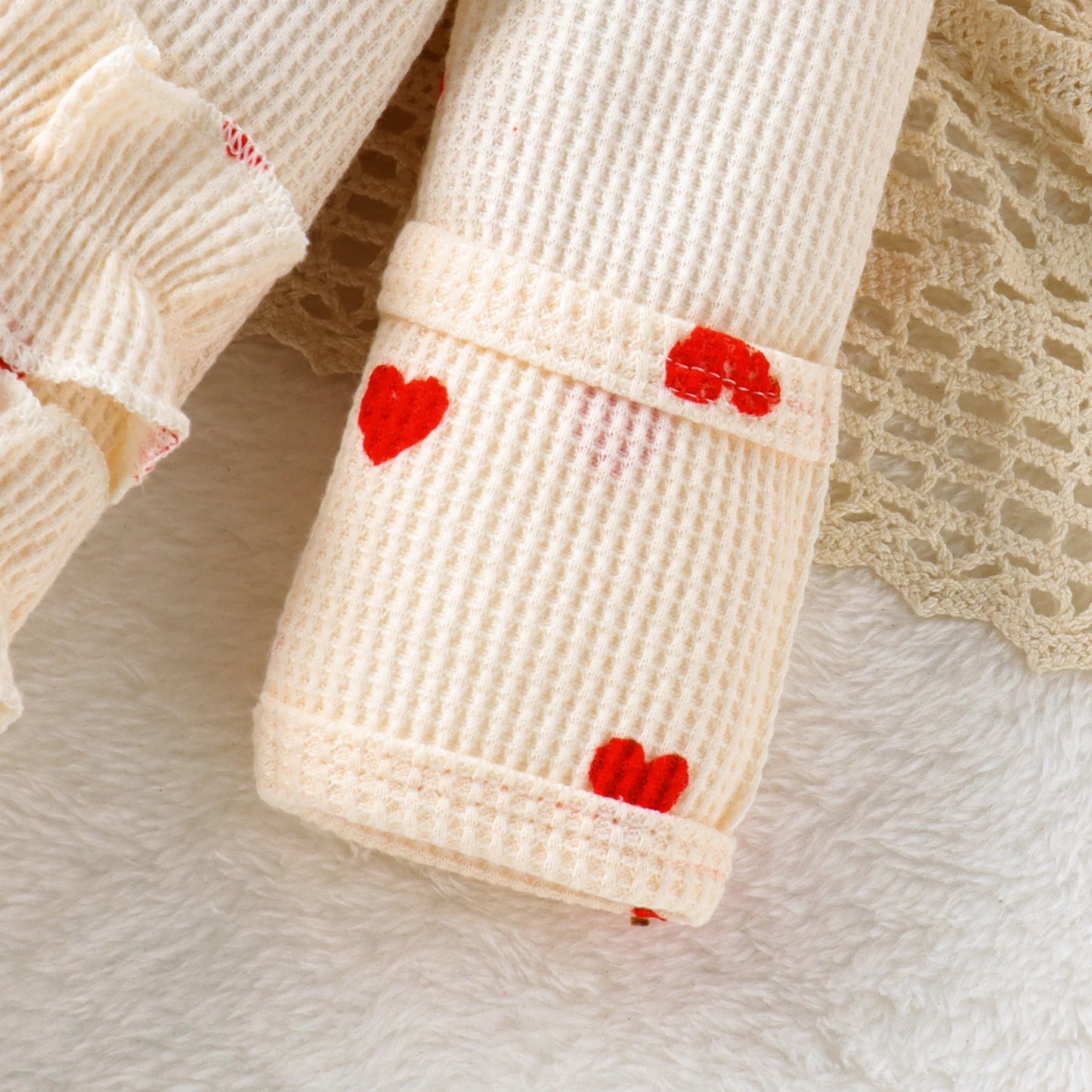 2PCS Autumn From 0 To June Newborn Baby Comfortable Cute Round-Neck Waffle Check Heart Zipper Long-Sleeved Footsuit