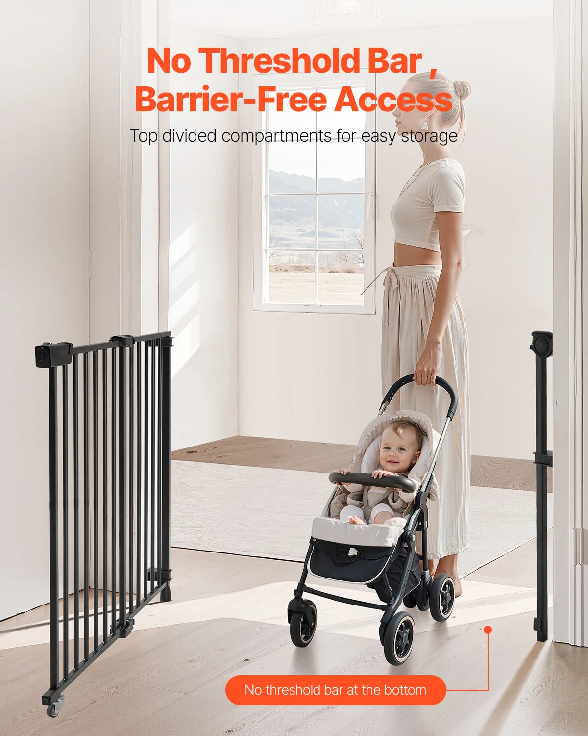 VEVOR Baby Gate 29.5-43 Inches Adjustable Width 28 Inches High Dog Gate No Threshold Bar Easy Step Walk for Child Pet Security