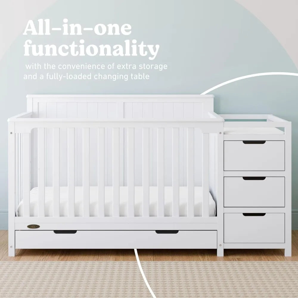All-in-White Convertible Crib & Changer, Converts to Toddler & Full Bed, 4 Height Adjustable