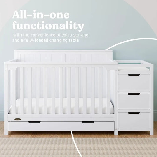 All-in-White Convertible Crib & Changer, Converts to Toddler & Full Bed, 4 Height Adjustable