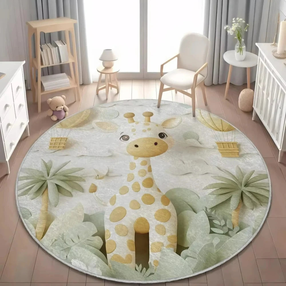 Jungle Safari Animal Round Rug Kids Play Mat for Nursery Bedroom Playroom Lion Giraffe Themed Non Slip Floor Carpet Decor