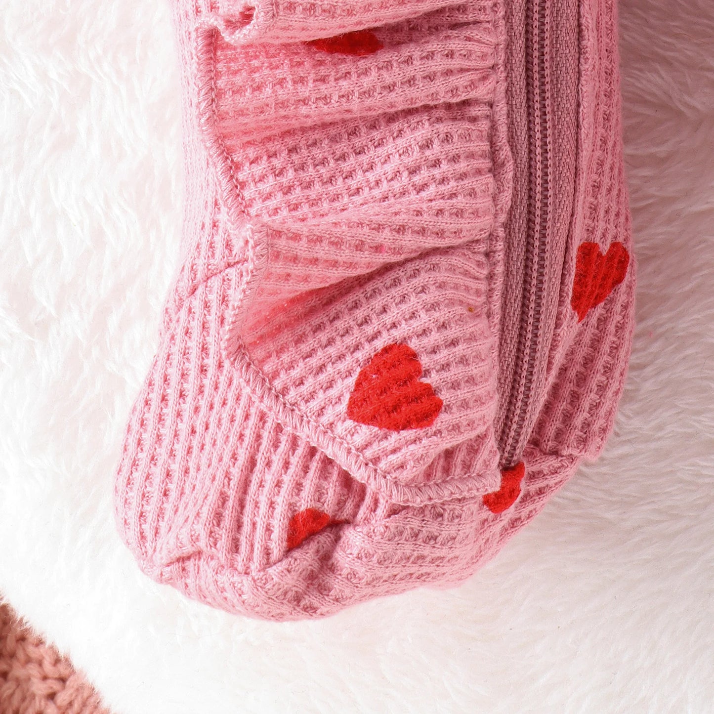2PCS Autumn From 0 To June Newborn Baby Comfortable Cute Round-Neck Waffle Check Heart Zipper Long-Sleeved Footsuit