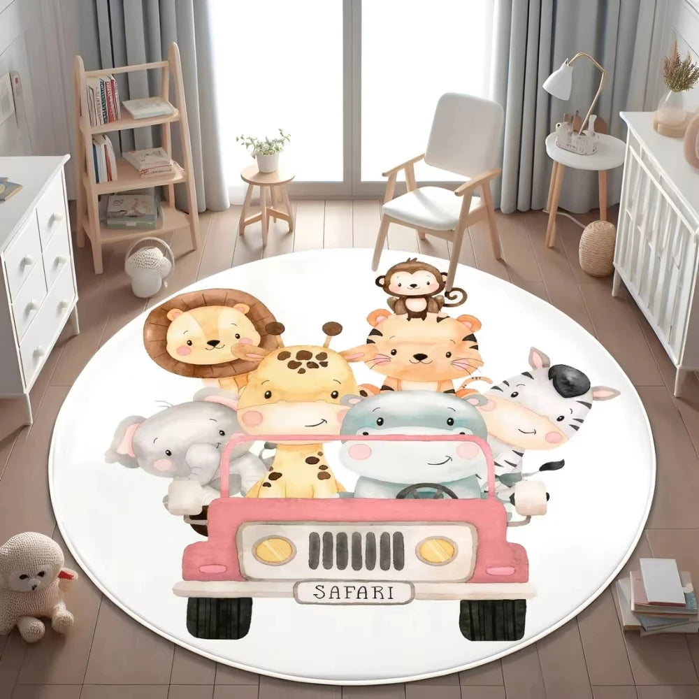 Jungle Safari Animal Round Rug Kids Play Mat for Nursery Bedroom Playroom Lion Giraffe Themed Non Slip Floor Carpet Decor