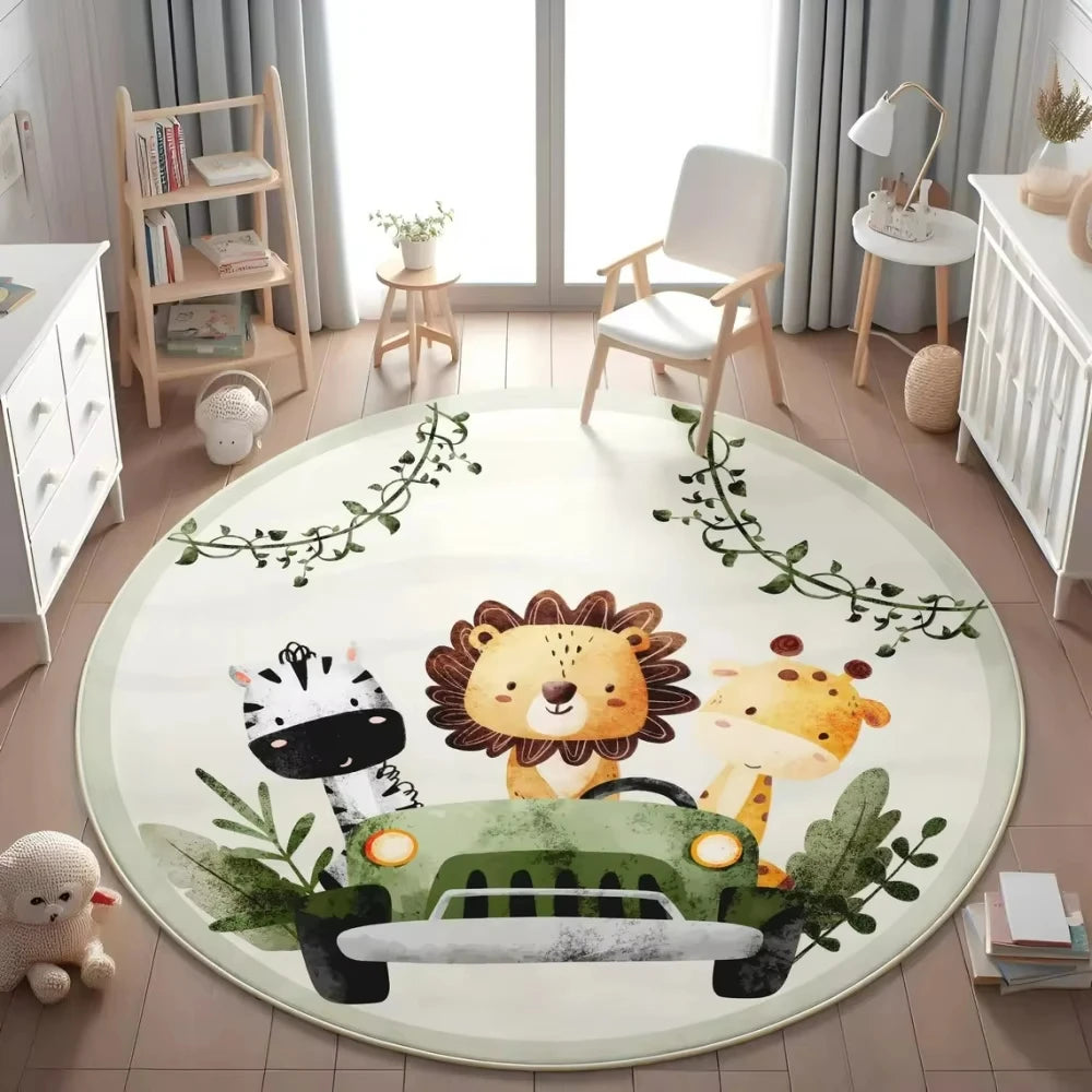 Jungle Safari Animal Round Rug Kids Play Mat for Nursery Bedroom Playroom Lion Giraffe Themed Non Slip Floor Carpet Decor