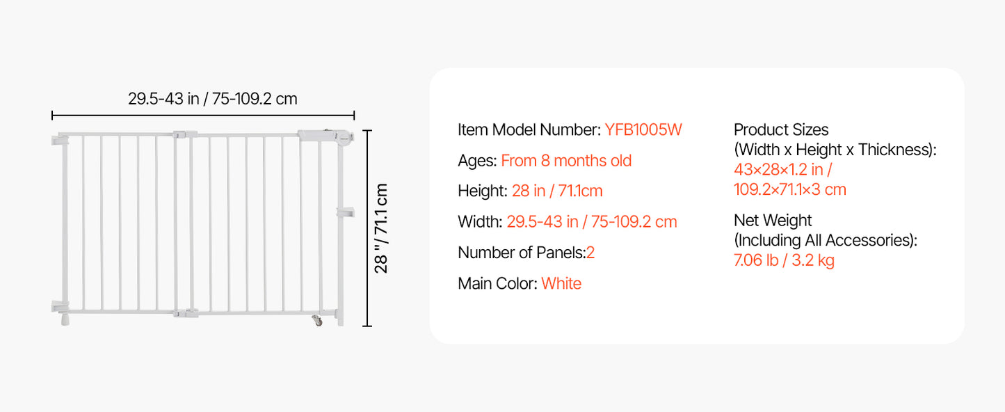 VEVOR Baby Gate 29.5-43 Inches Adjustable Width 28 Inches High Dog Gate No Threshold Bar Easy Step Walk for Child Pet Security