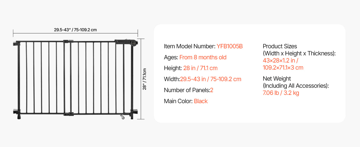 VEVOR Baby Gate 29.5-43 Inches Adjustable Width 28 Inches High Dog Gate No Threshold Bar Easy Step Walk for Child Pet Security